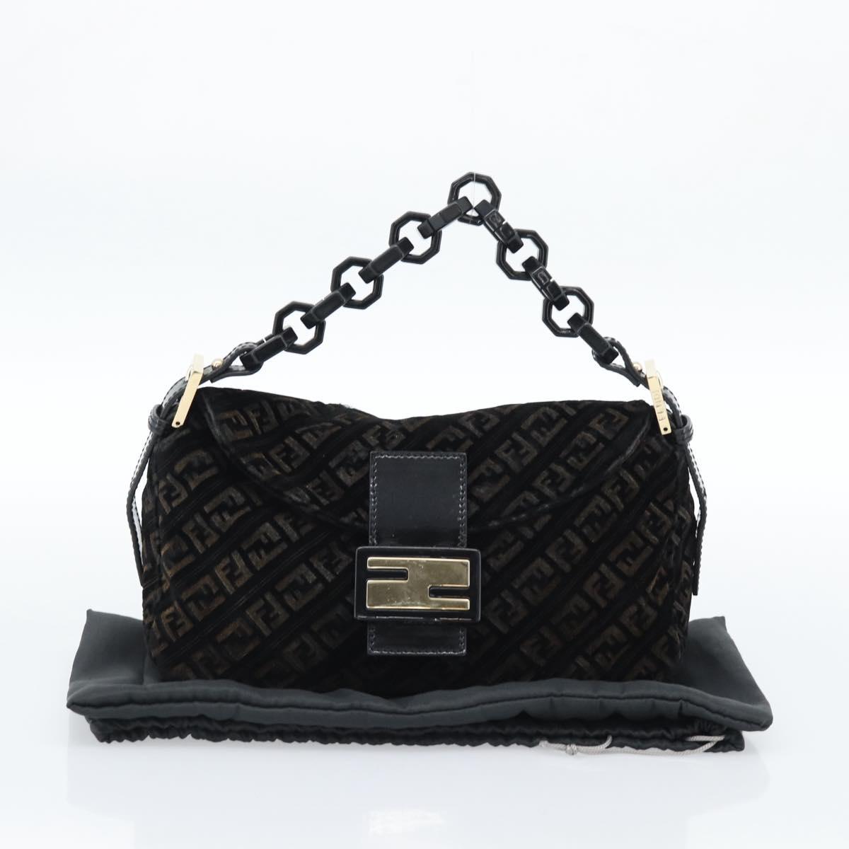 FENDI Zucchino Canvas Chain Mamma Baguette Bag Velor Black Gold Auth 184912
