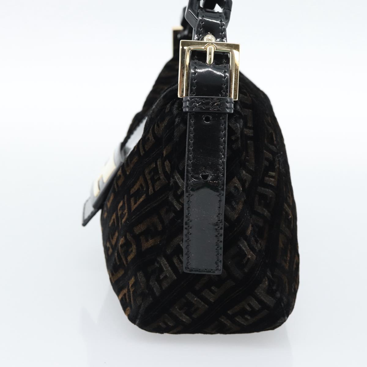 FENDI Zucchino Canvas Chain Mamma Baguette Bag Velor Black Gold Auth 184912