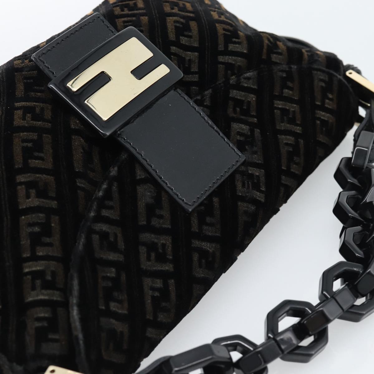 FENDI Zucchino Canvas Chain Mamma Baguette Bag Velor Black Gold Auth 184912