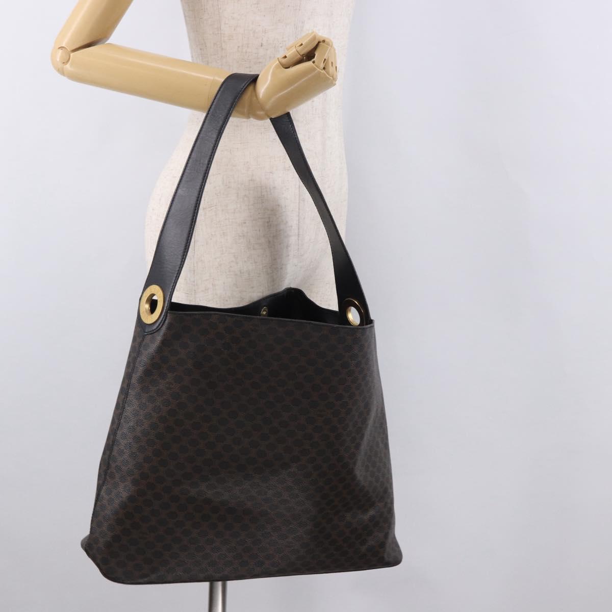 CELINE Macadam Canvas Circle Shoulder Bag PVC Leather Black Gold Auth 184927V