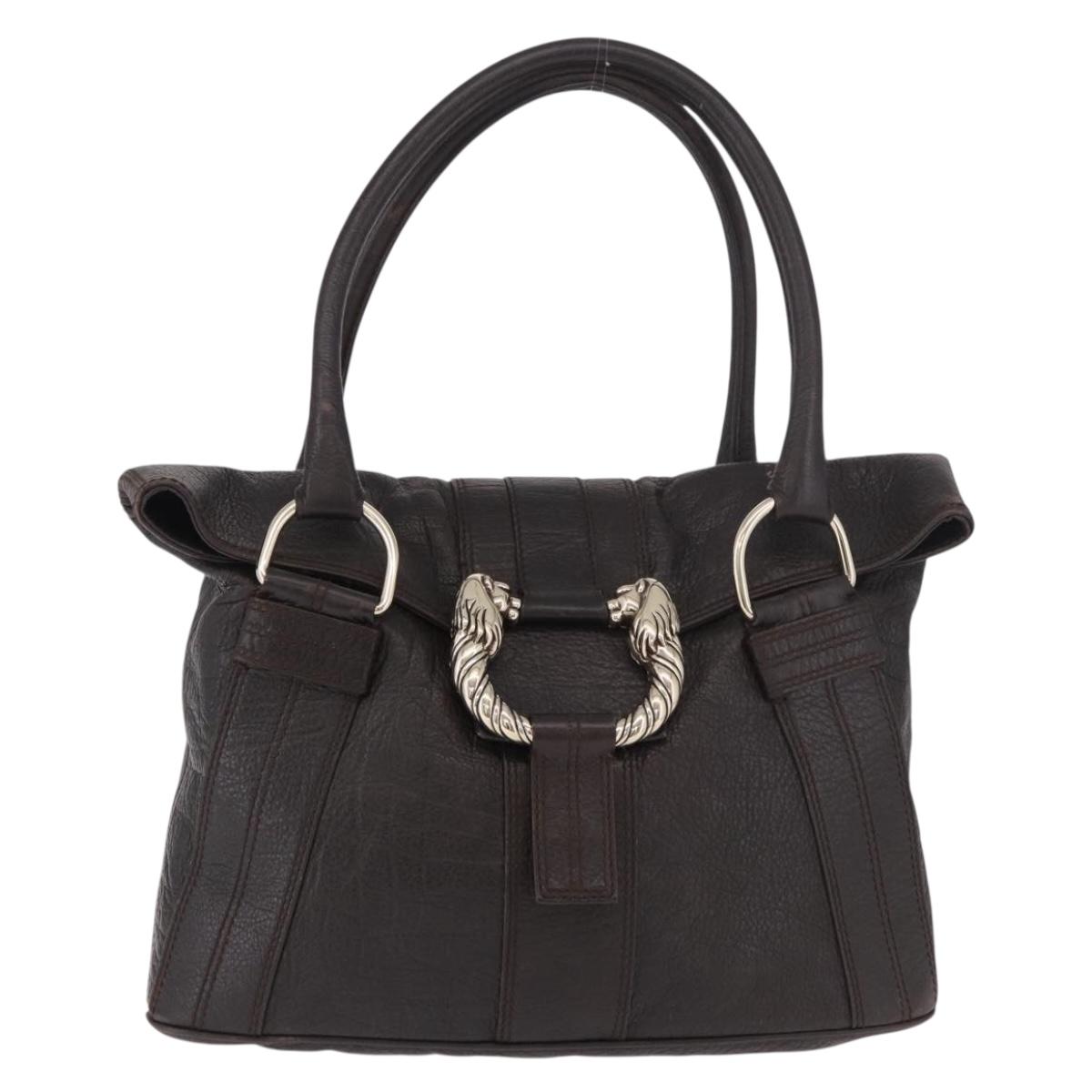 BVLGARI Leoni Tote Bag Leather Dark Brown Gold Auth 184934A