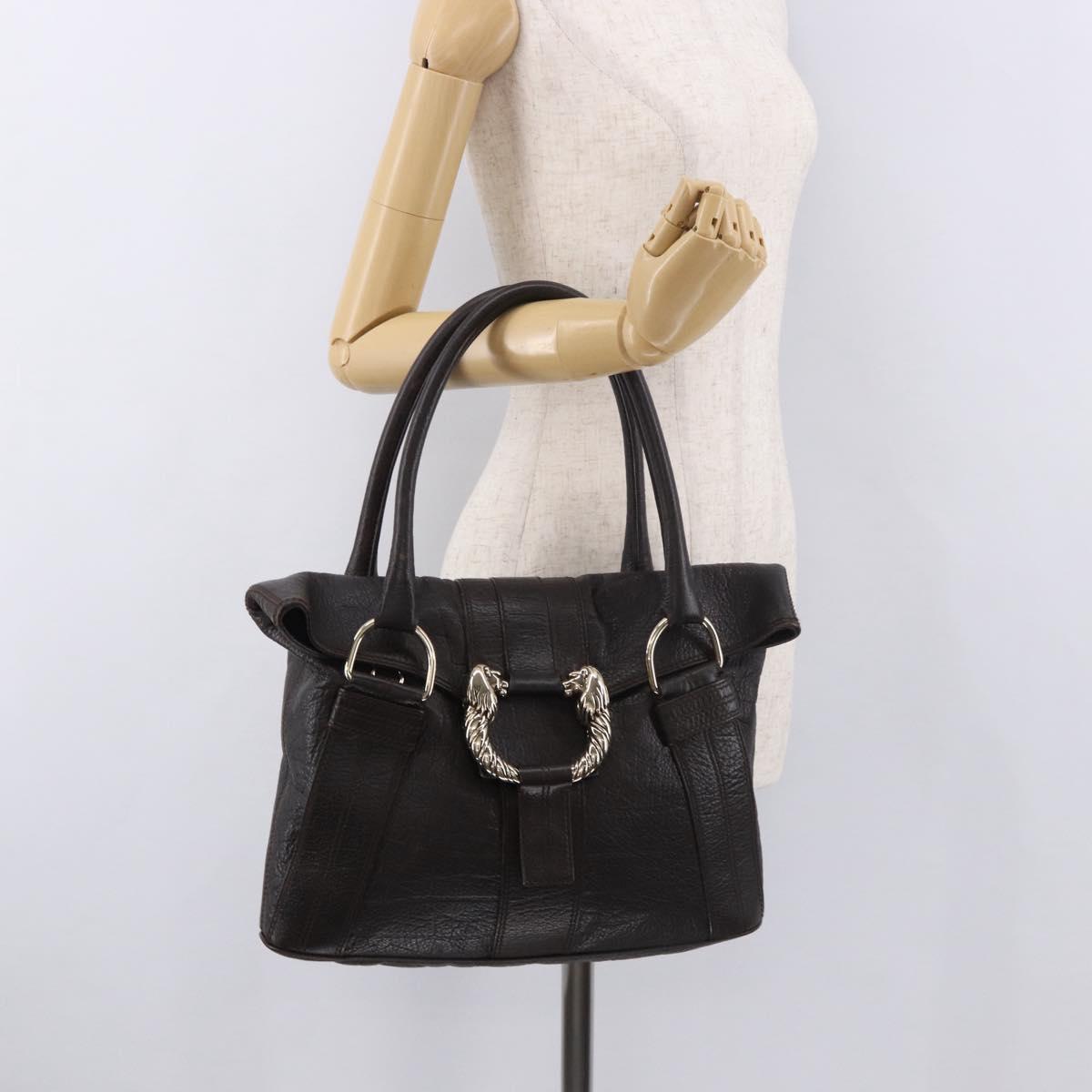 BVLGARI Leoni Tote Bag Leather Dark Brown Gold Auth 184934A