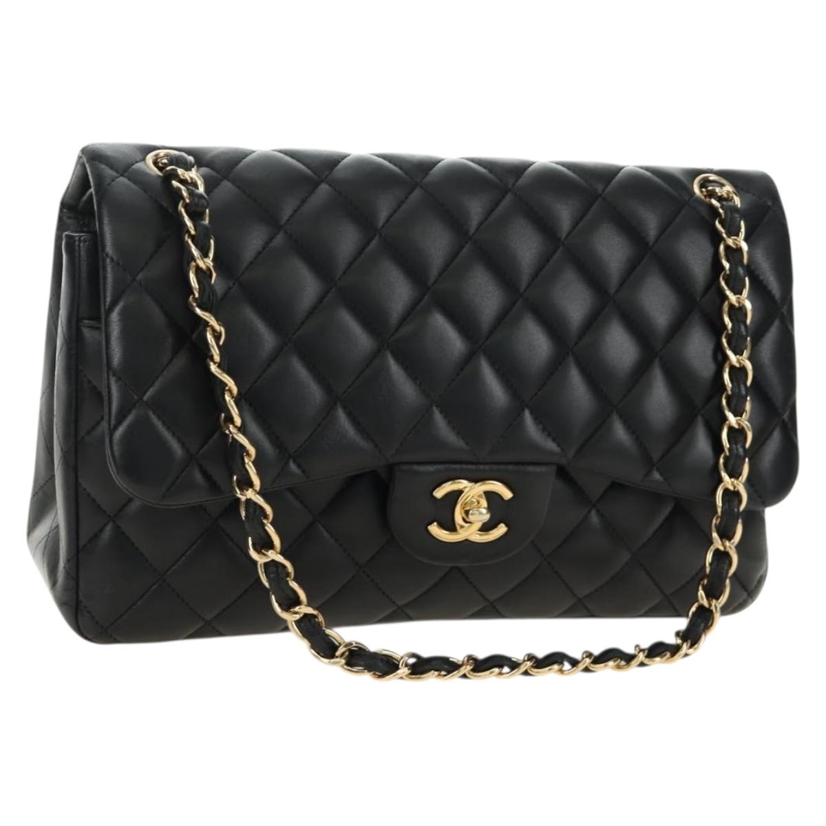 CHANEL Big Matelasse30 Chain Shoulder Bag Lamb Skin Black Gold CC Auth 184946SAV