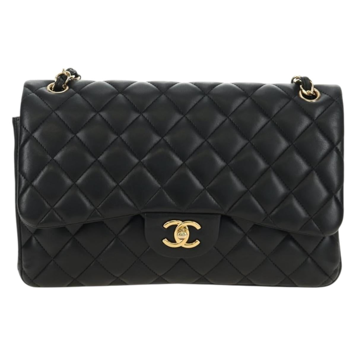 CHANEL Big Matelasse30 Chain Shoulder Bag Lamb Skin Black Gold CC Auth 184946SAV