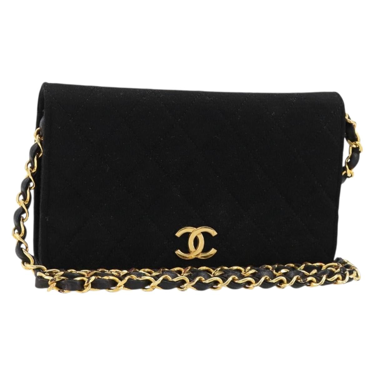 CHANEL Matelasse Chain Shoulder Bag Cotton Black Gold CC Auth 184947