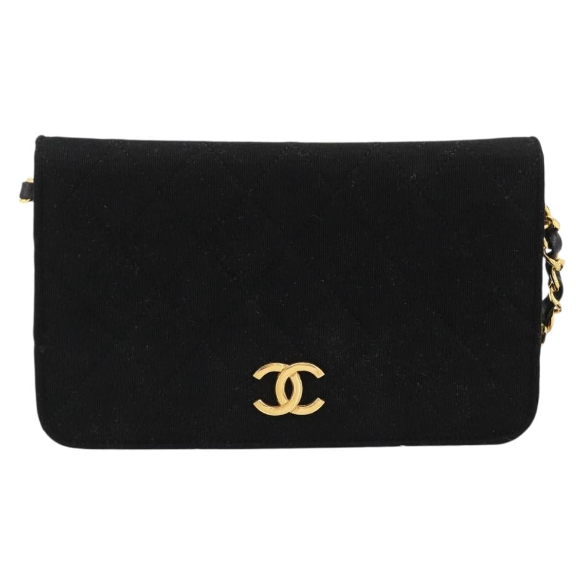CHANEL Matelasse Chain Shoulder Bag Cotton Black Gold CC Auth 184947