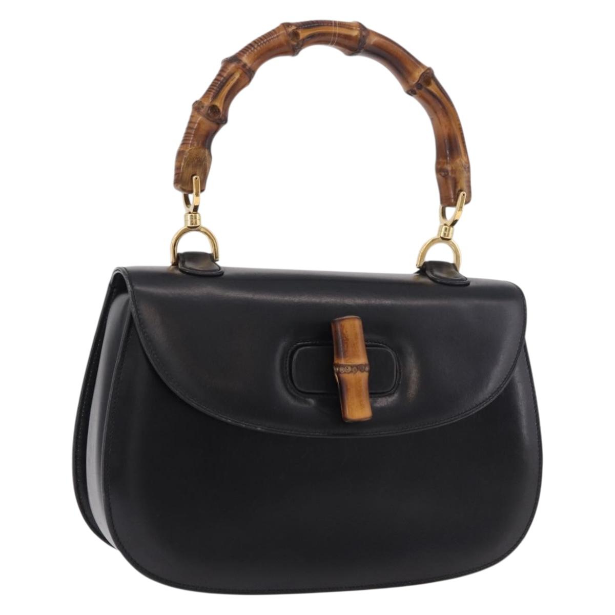 GUCCI Bamboo Hand Bag Leather Black Gold 000 01 0633 Auth 184960V