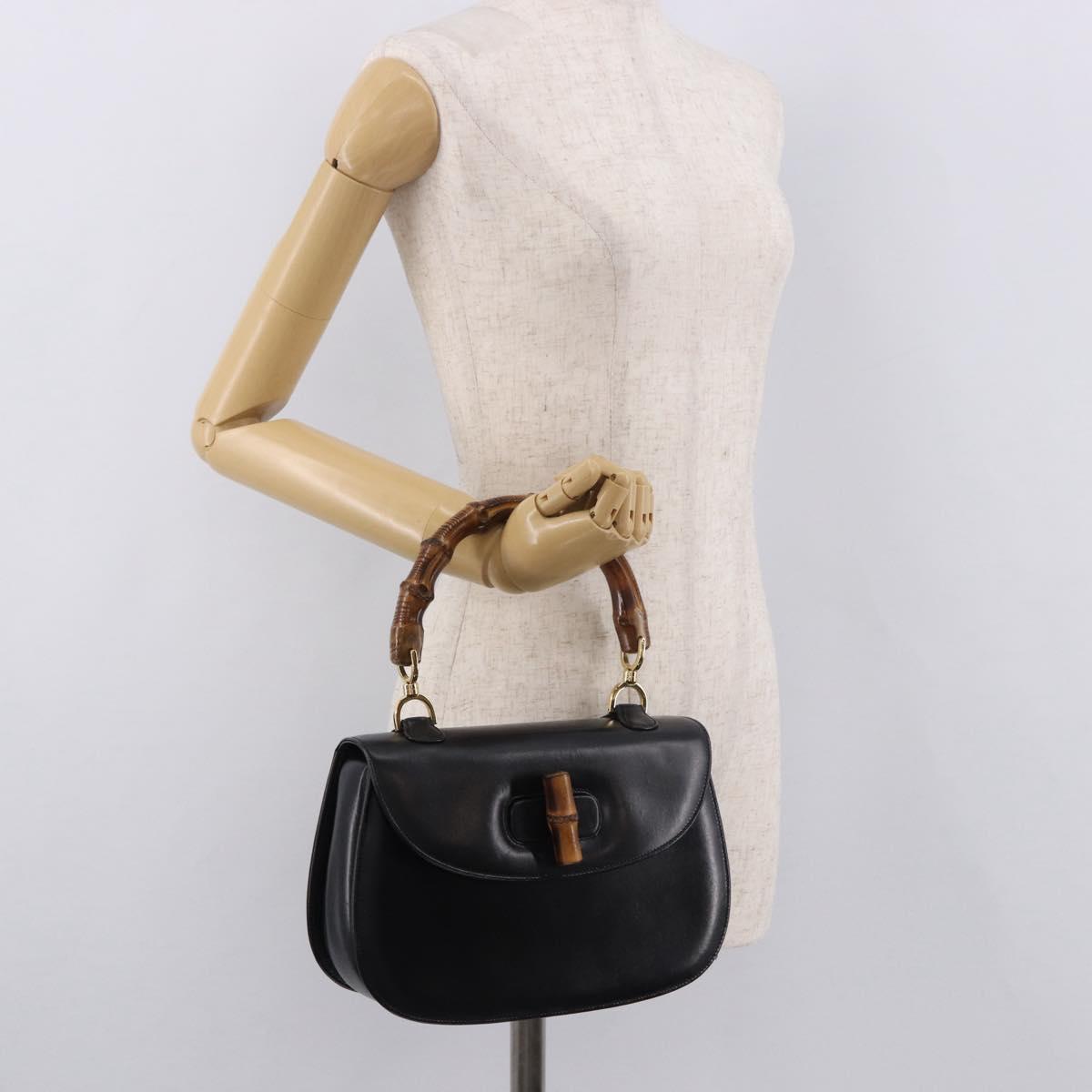 GUCCI Bamboo Hand Bag Leather Black Gold 000 01 0633 Auth 184960V