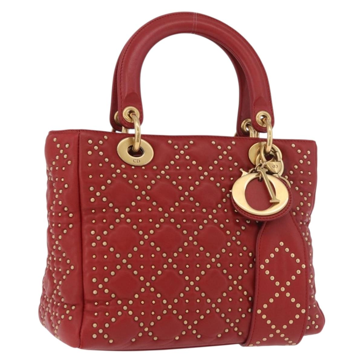 Christian Dior Lady Dior Canage Hand Bag Leather 2way Red Gold Auth 184976M