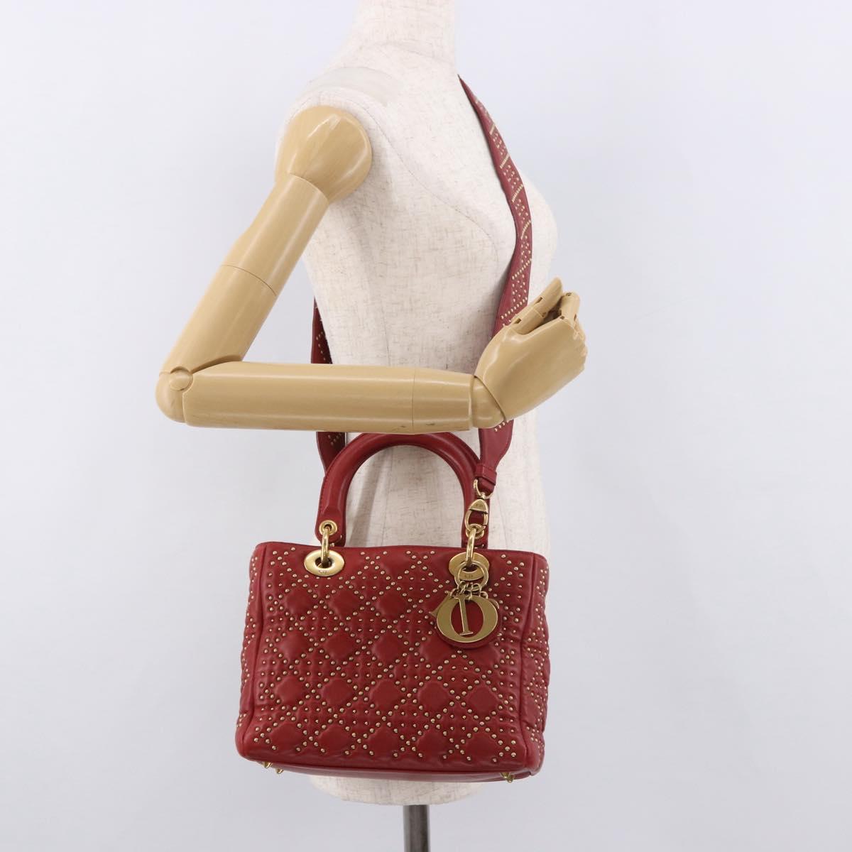 Christian Dior Lady Dior Canage Hand Bag Leather 2way Red Gold Auth 184976M
