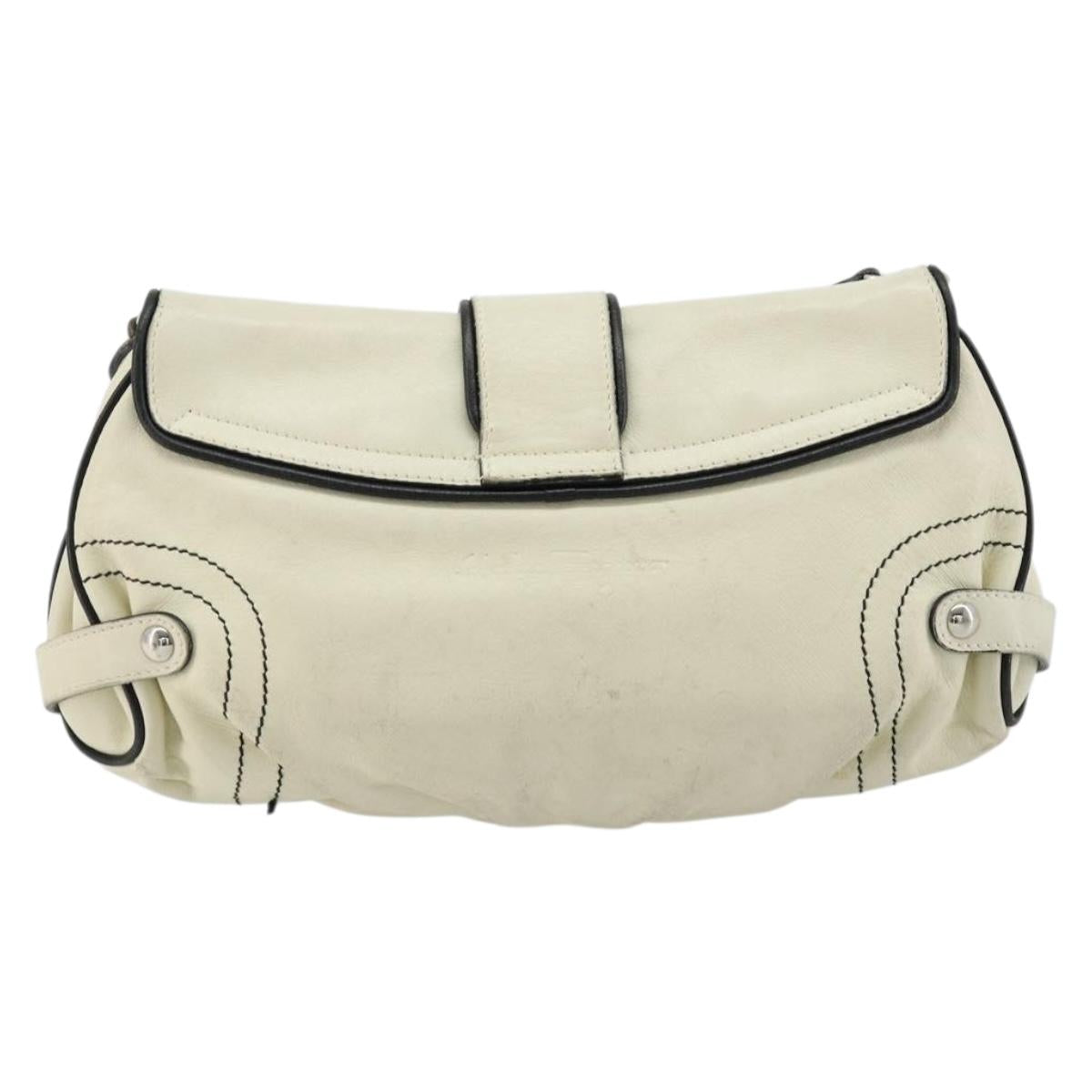 Salvatore Ferragamo Gancini Shoulder Bag Leather Ivory Silver Auth 184983