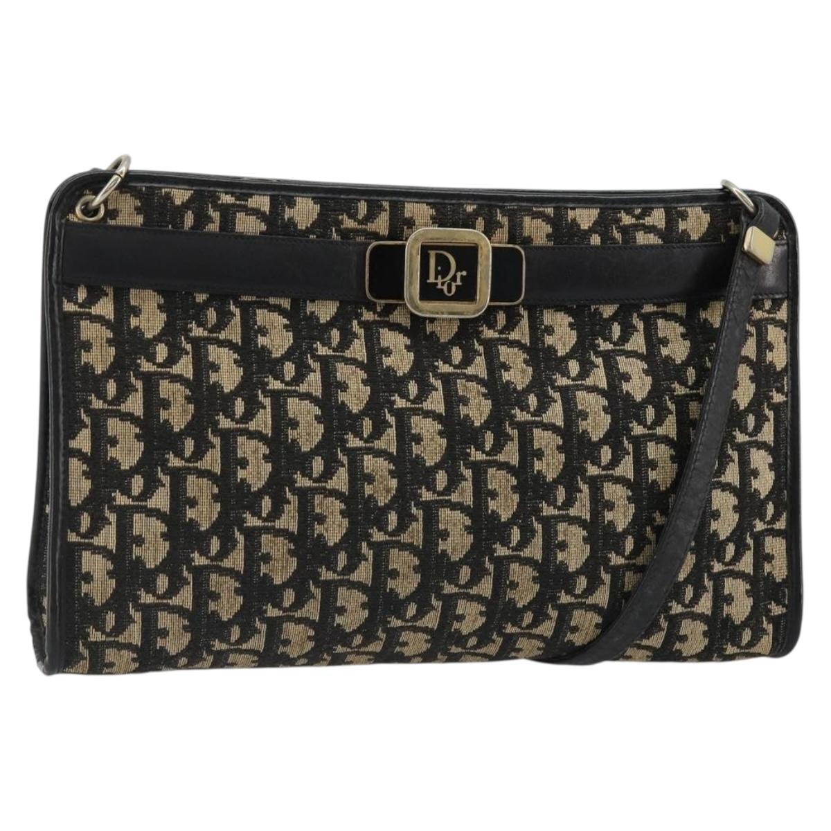 Christian Dior Trotter Canvas Shoulder Bag Navy Gold Auth 185006