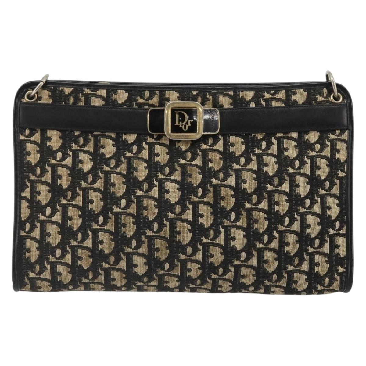 Christian Dior Trotter Canvas Shoulder Bag Navy Gold Auth 185006