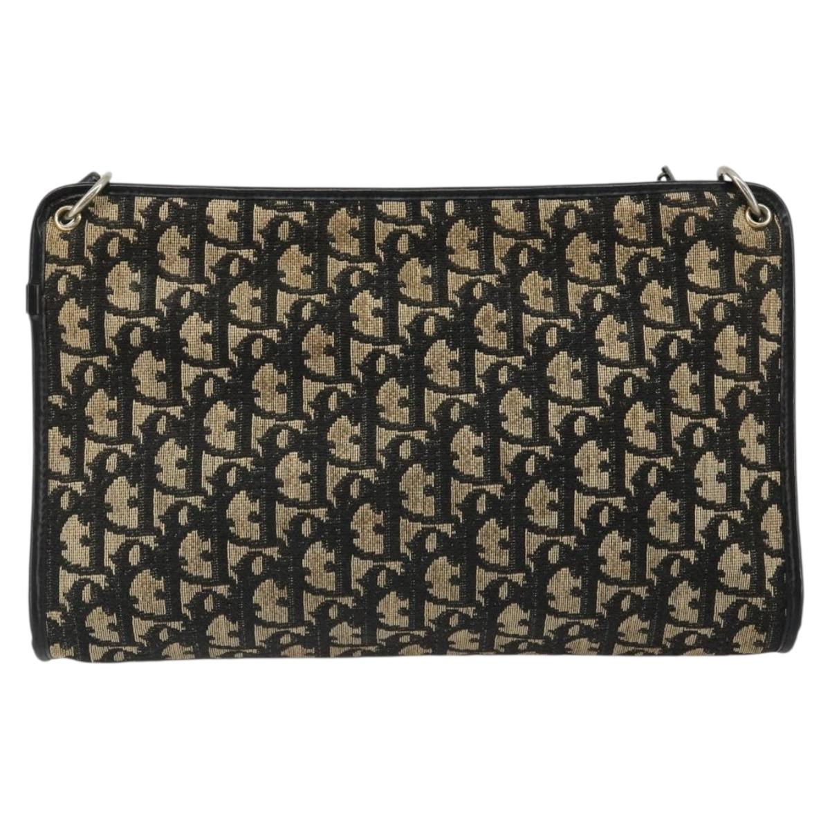 Christian Dior Trotter Canvas Shoulder Bag Navy Gold Auth 185006