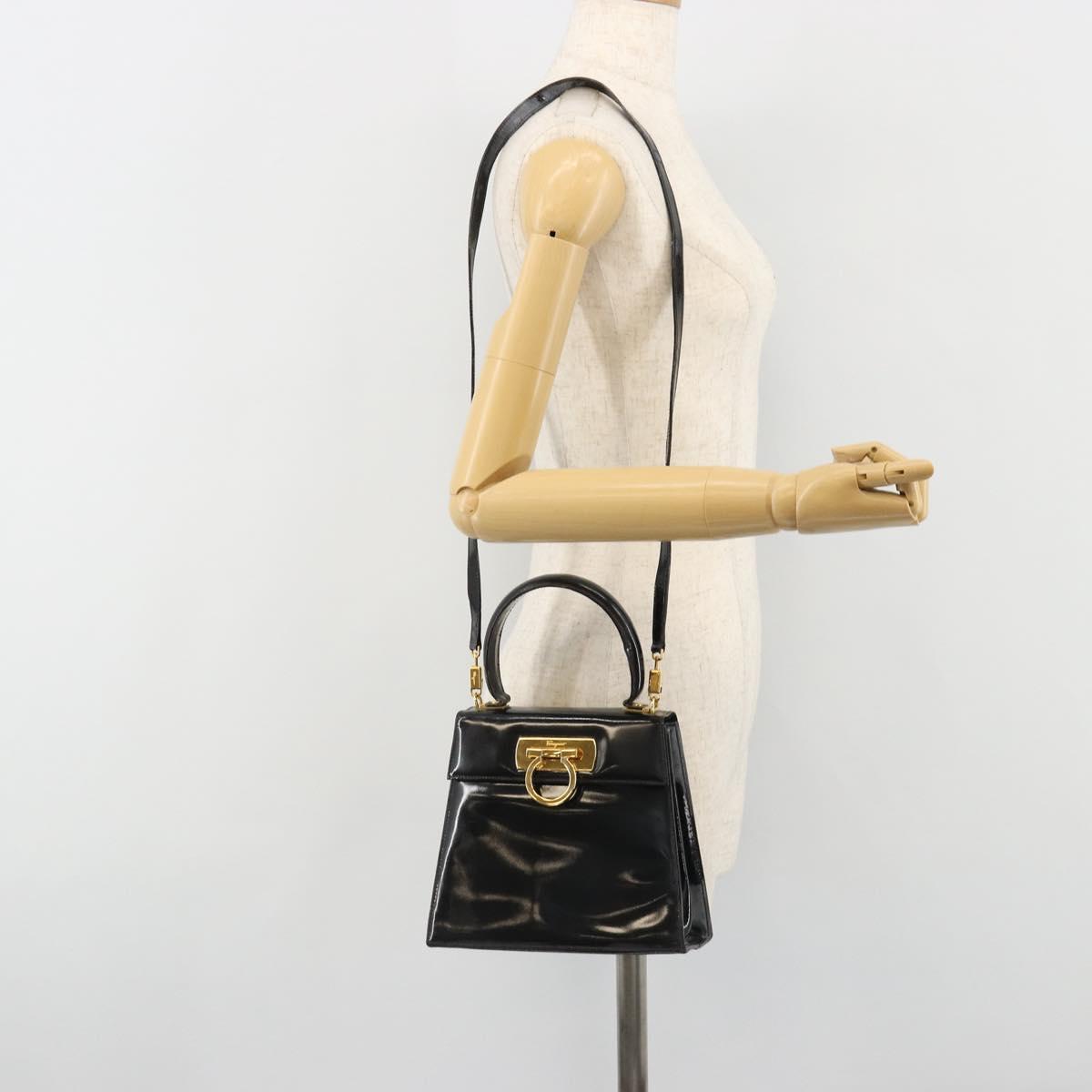 Salvatore Ferragamo Gancini Hand Bag Leather 2way Black Gold Auth 185010