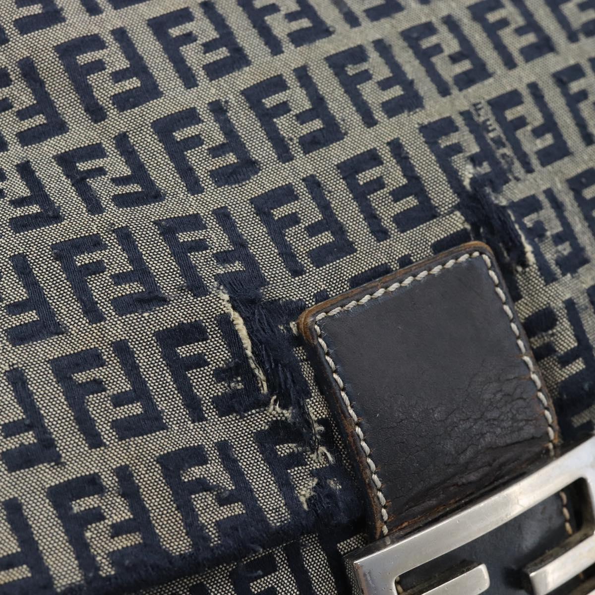 FENDI Zucchino Canvas Mamma Baguette Shoulder Bag Navy Silver Auth 185018