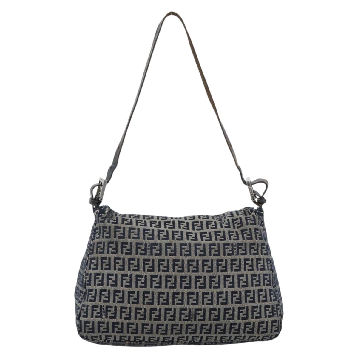 FENDI Zucchino Canvas Mamma Baguette Shoulder Bag Navy Silver Auth 185018