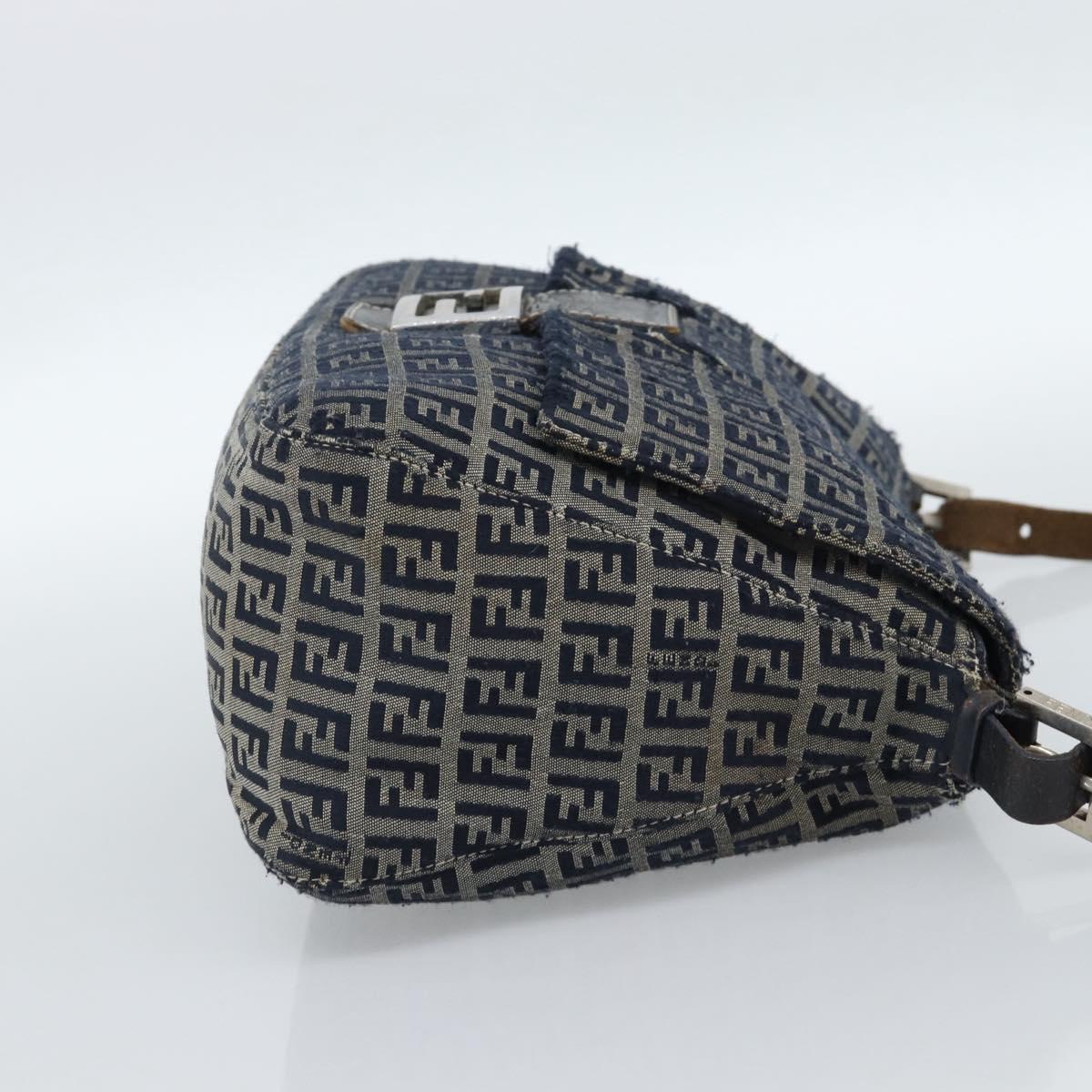 FENDI Zucchino Canvas Mamma Baguette Shoulder Bag Navy Silver Auth 185018