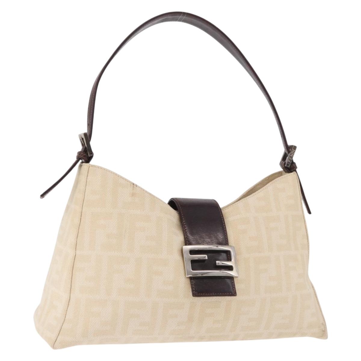 FENDI Zucca Canvas Mamma Baguette Shoulder Bag Beige Silver Auth 185021V