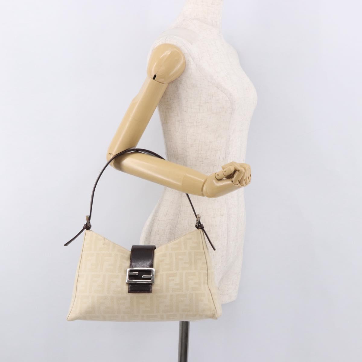FENDI Zucca Canvas Mamma Baguette Shoulder Bag Beige Silver Auth 185021V