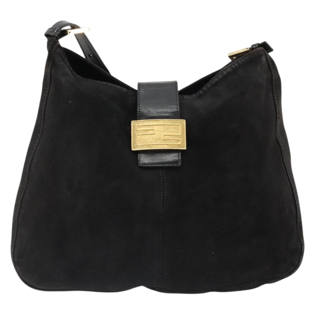 FENDI Mamma Baguette Shoulder Bag Suede Black Gold Auth 185022