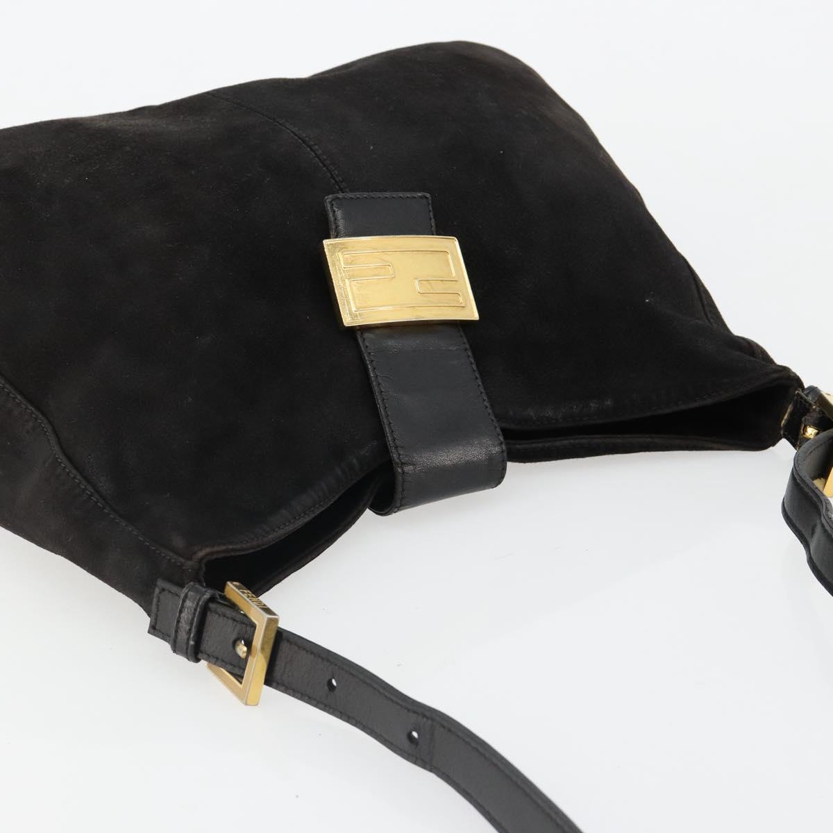 FENDI Mamma Baguette Shoulder Bag Suede Black Gold Auth 185022