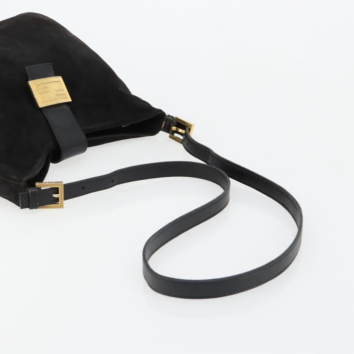 FENDI Mamma Baguette Shoulder Bag Suede Black Gold Auth 185022