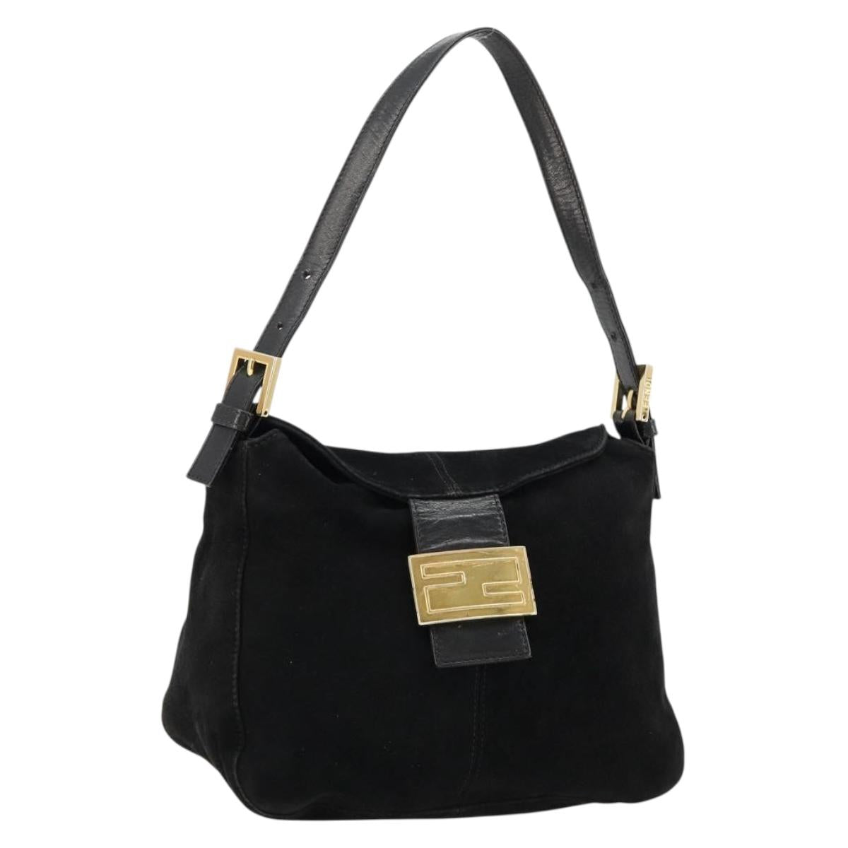FENDI Mamma Baguette Shoulder Bag Suede Black Gold Auth 185077A