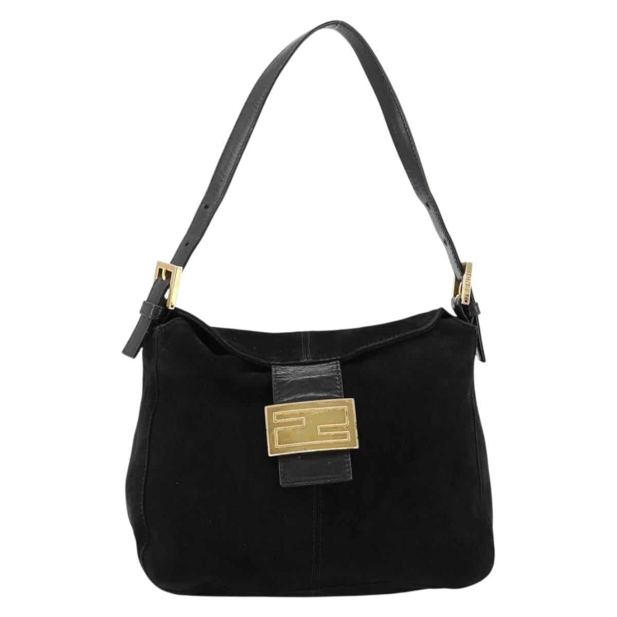 FENDI Mamma Baguette Shoulder Bag Suede Black Gold Auth 185077A