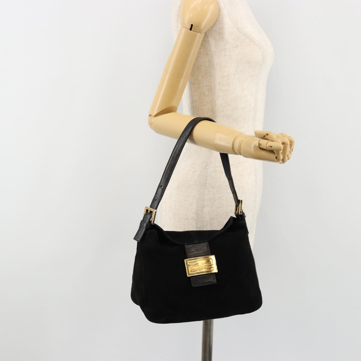 FENDI Mamma Baguette Shoulder Bag Suede Black Gold Auth 185077A