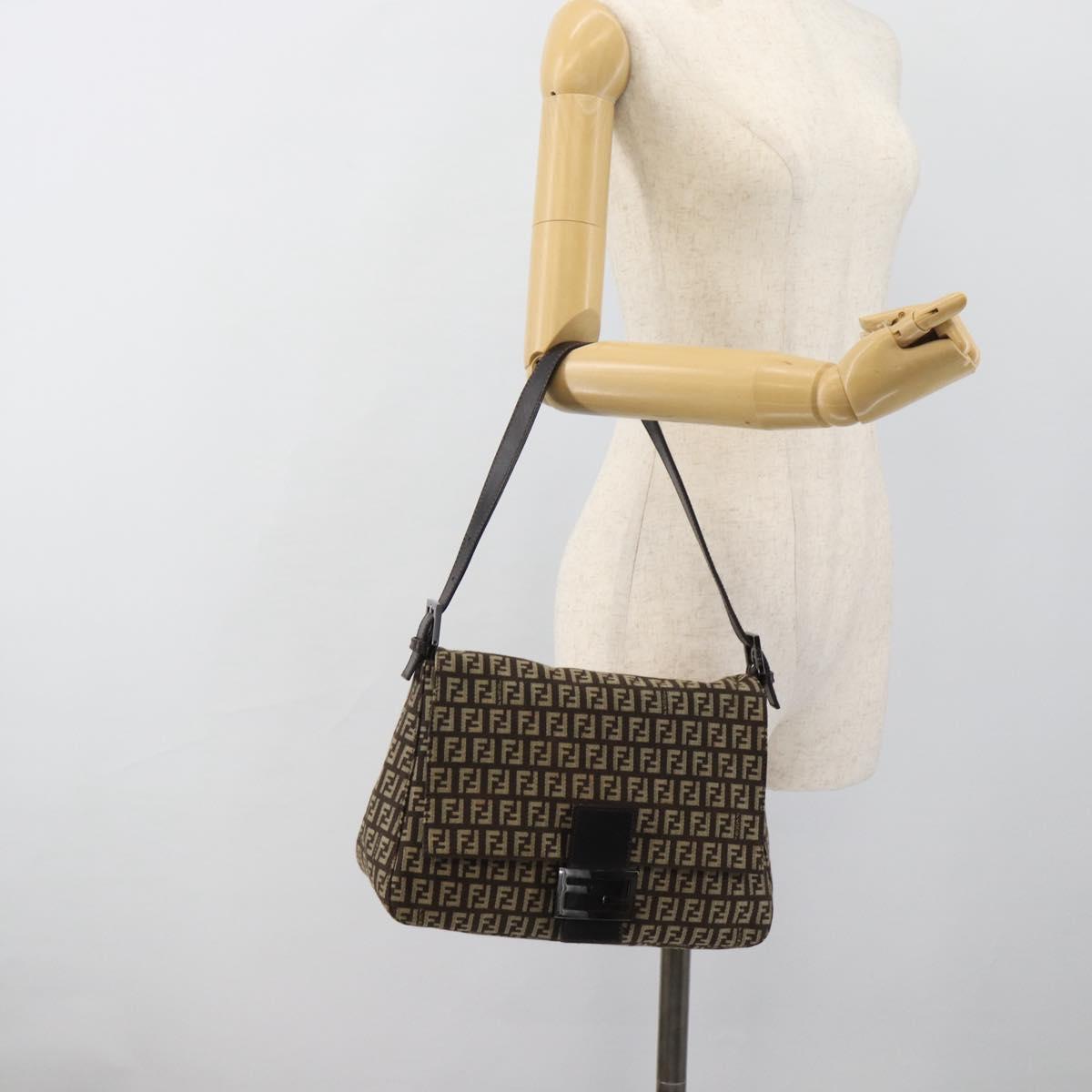 FENDI Zucchino Canvas Mamma Baguette Shoulder Bag Beige Silver Auth 185079V