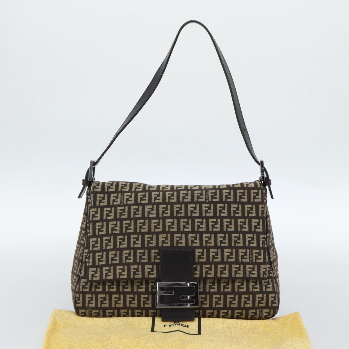 FENDI Zucchino Canvas Mamma Baguette Shoulder Bag Beige Silver Auth 185079V