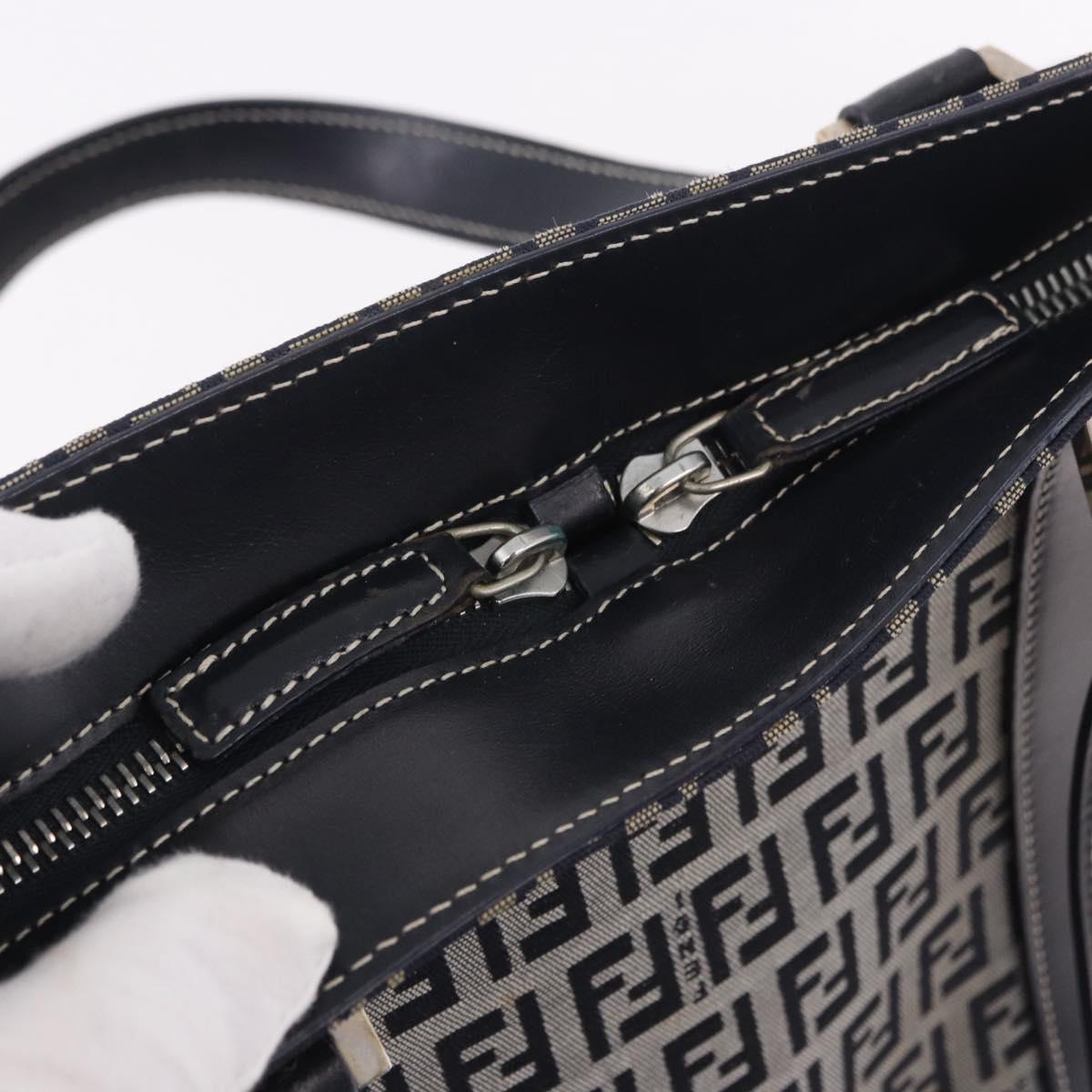 FENDI Zucchino Canvas Hand Bag Navy Silver Auth 185085V