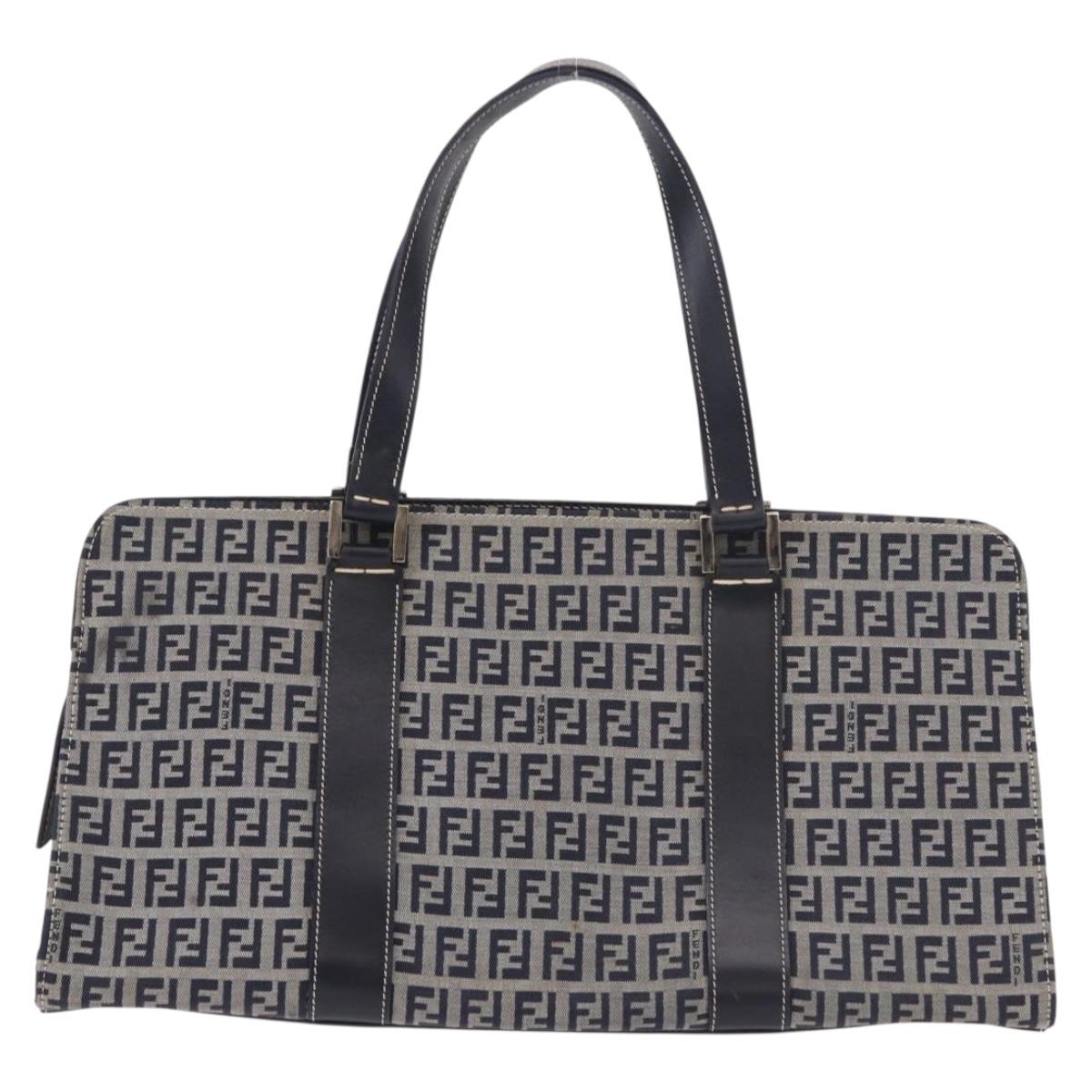 FENDI Zucchino Canvas Hand Bag Navy Silver Auth 185085V