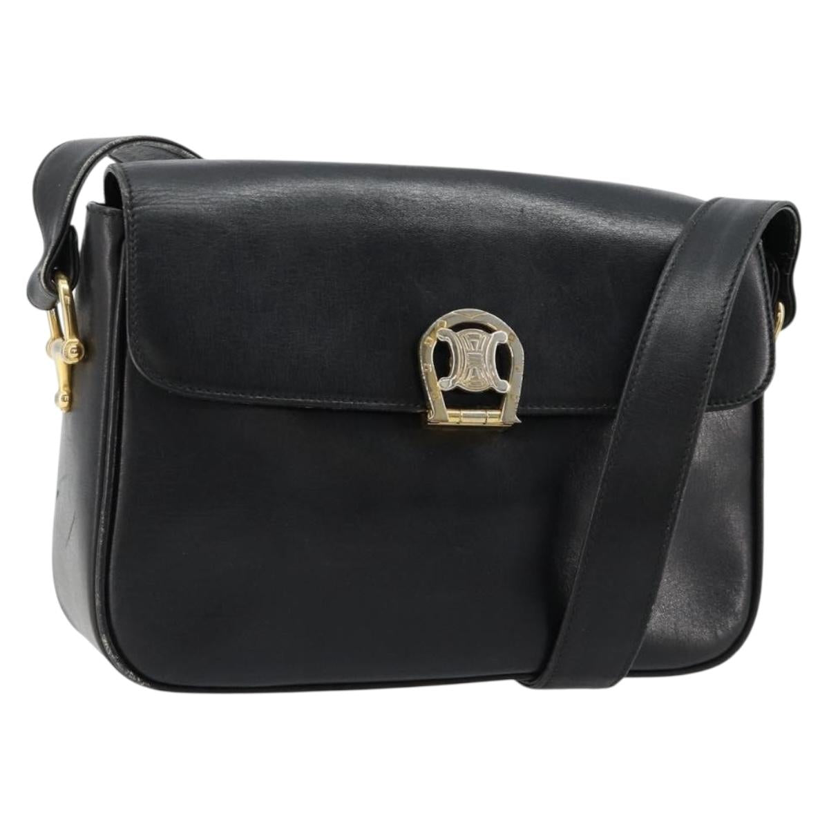 CELINE Shoulder Bag Leather Black Gold Auth 185088