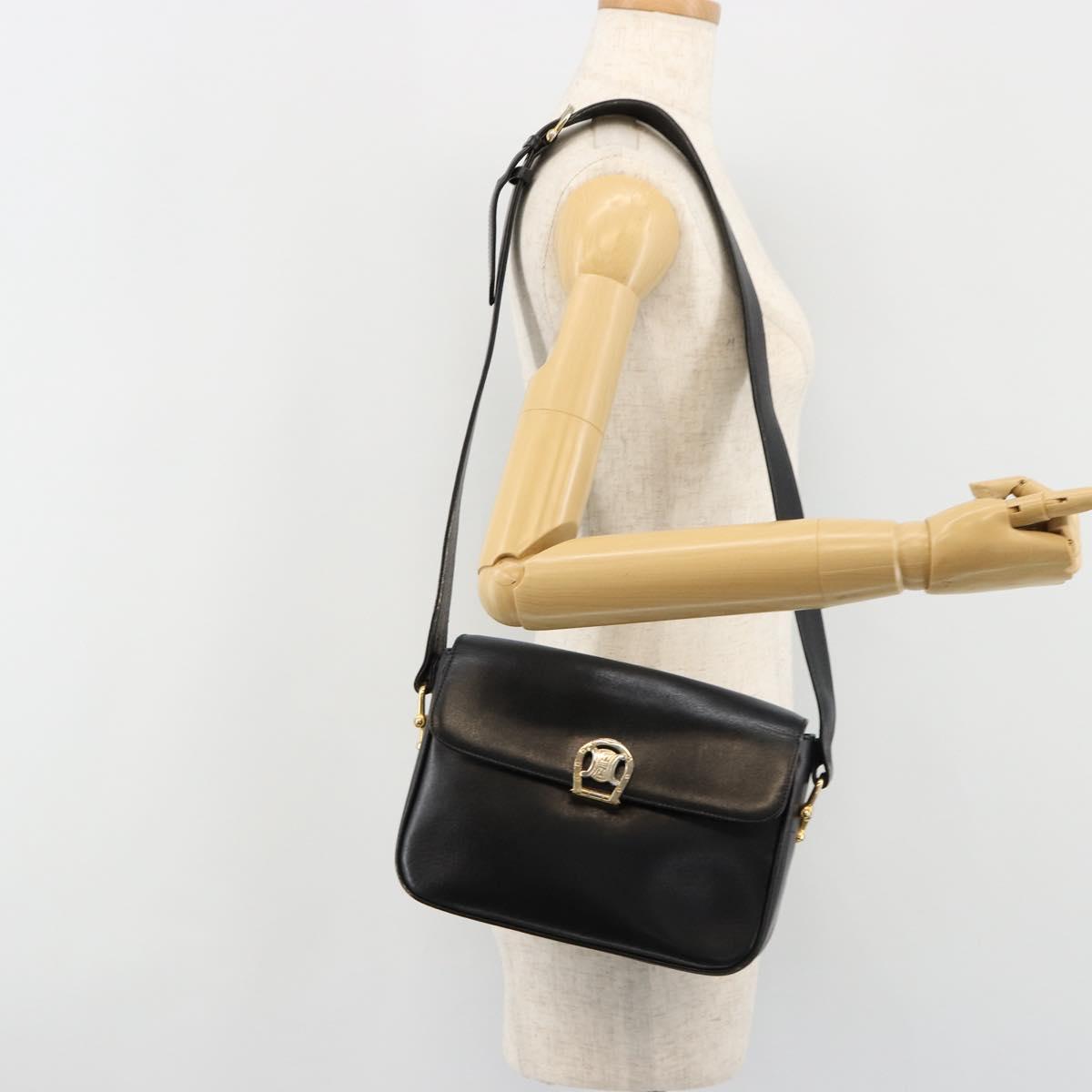 CELINE Shoulder Bag Leather Black Gold Auth 185088
