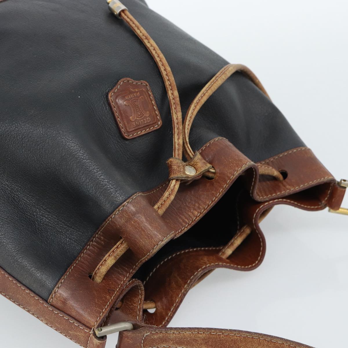 CELINE Purse Shoulder Bag Leather Black Gold Auth 185092