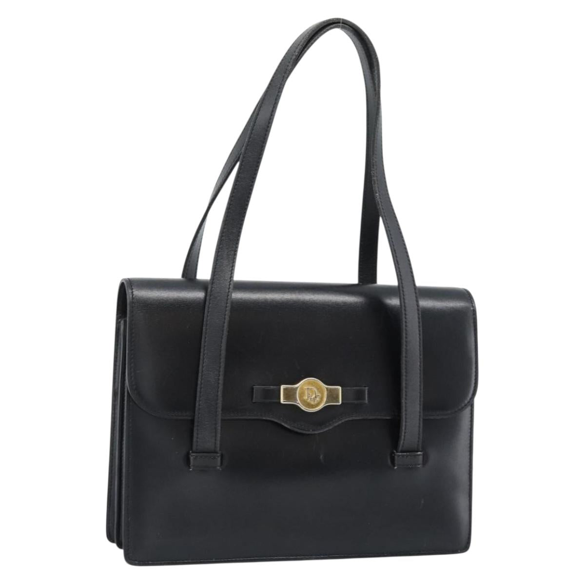 Christian Dior Hand Bag Leather Black Gold Auth 185093