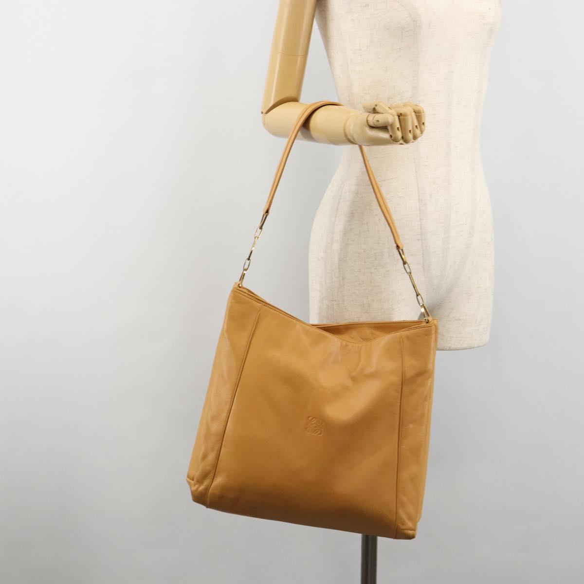 LOEWE Anagram Chain Shoulder Bag Leather Beige Gold Auth 185098
