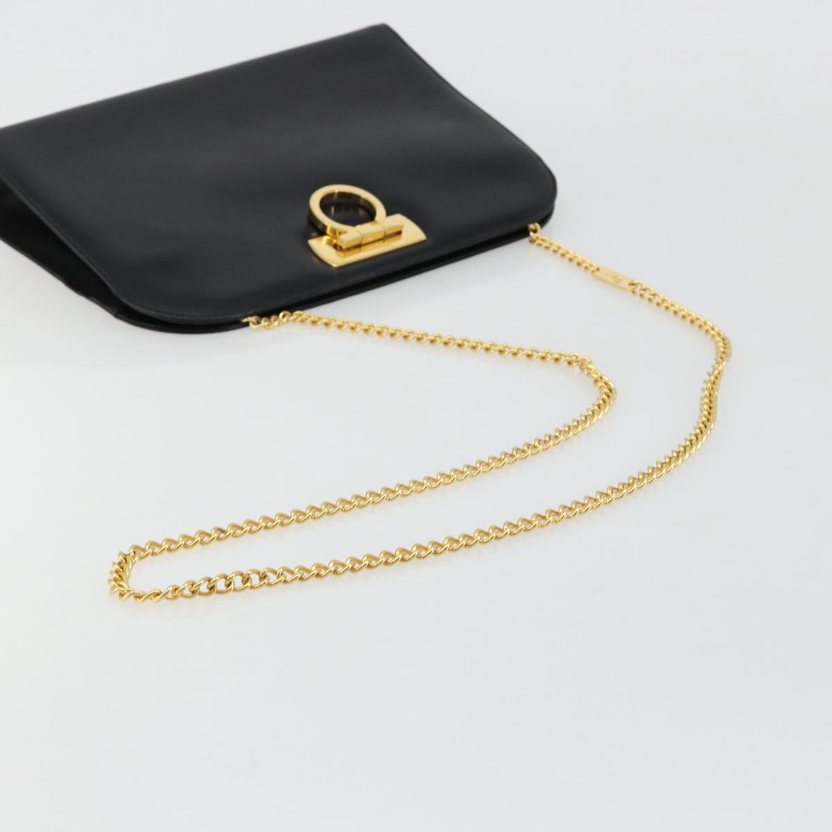 Salvatore Ferragamo Gancini Chain Shoulder Bag Leather Black Gold Auth 185103A