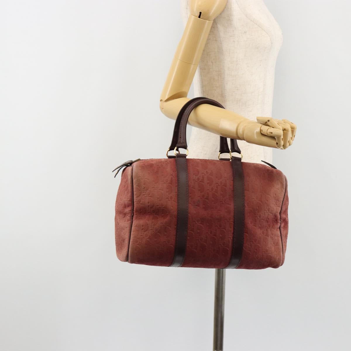 Christian Dior Trotter Canvas Boston Bag Suede Red Gold Auth 185105
