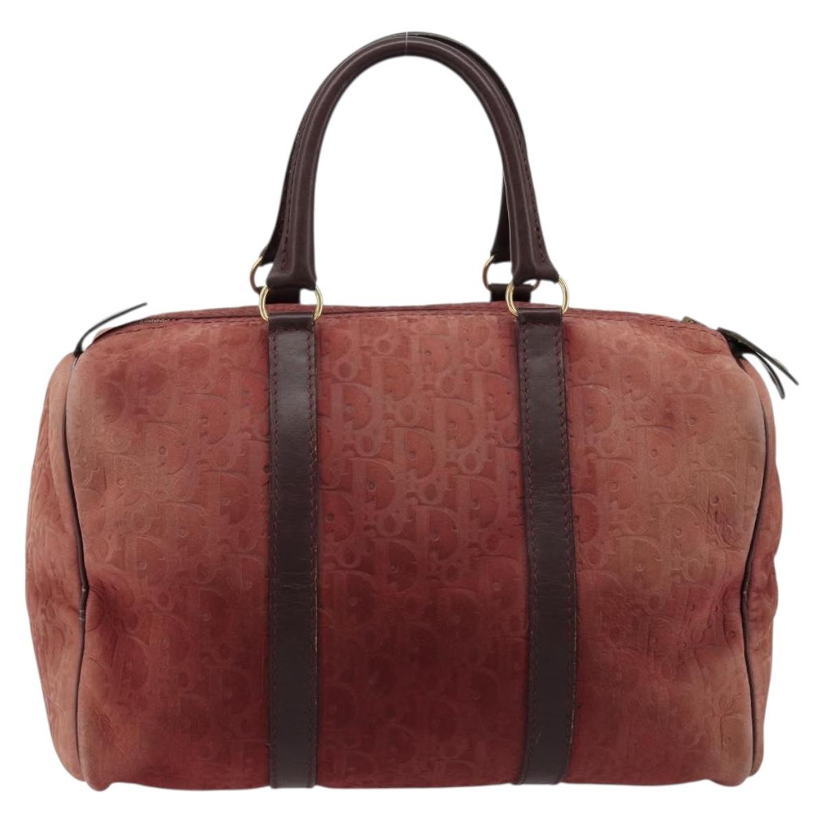 Christian Dior Trotter Canvas Boston Bag Suede Red Gold Auth 185105
