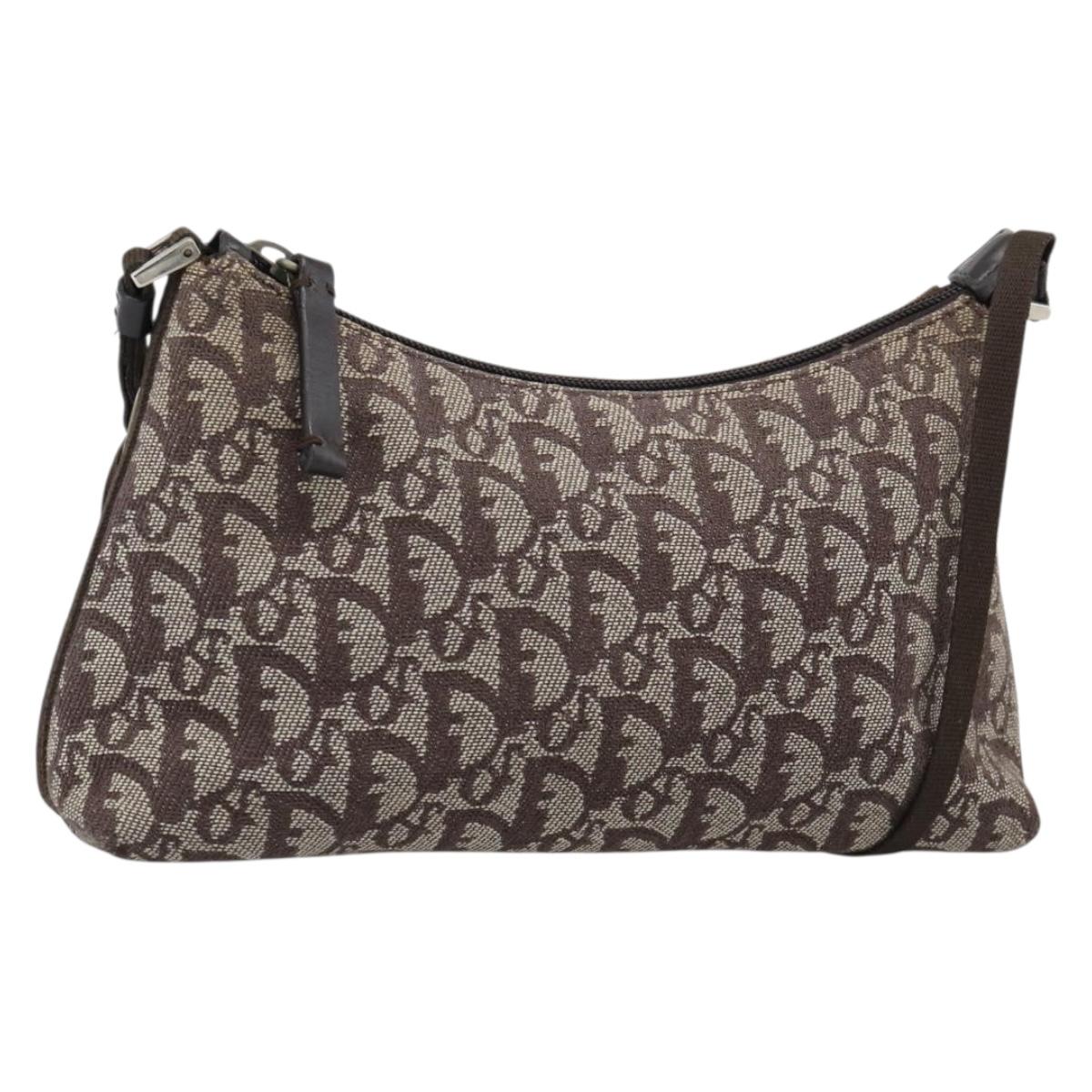 Christian Dior Trotter Canvas Shoulder Bag Brown Silver Auth 185106V
