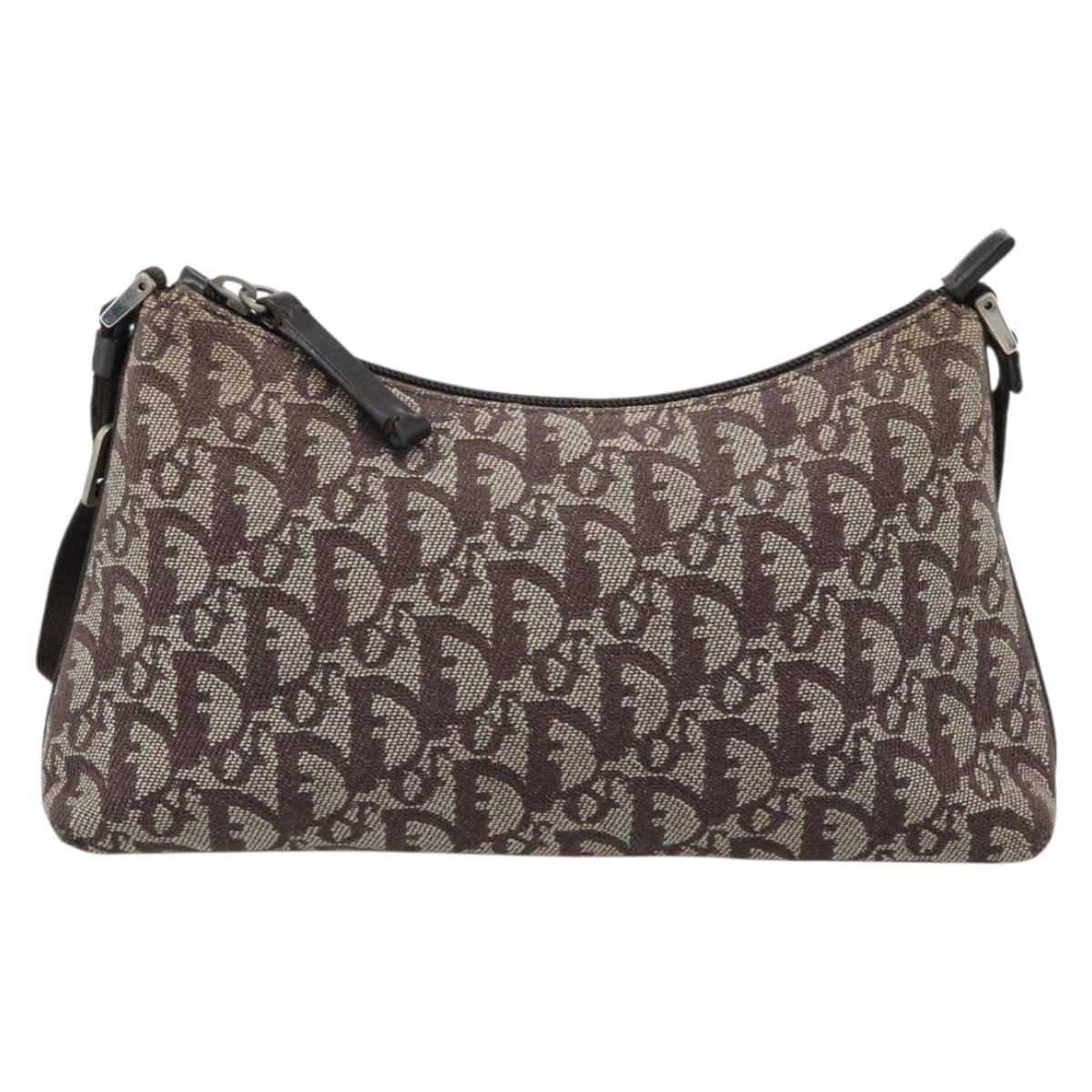 Christian Dior Trotter Canvas Shoulder Bag Brown Silver Auth 185106V
