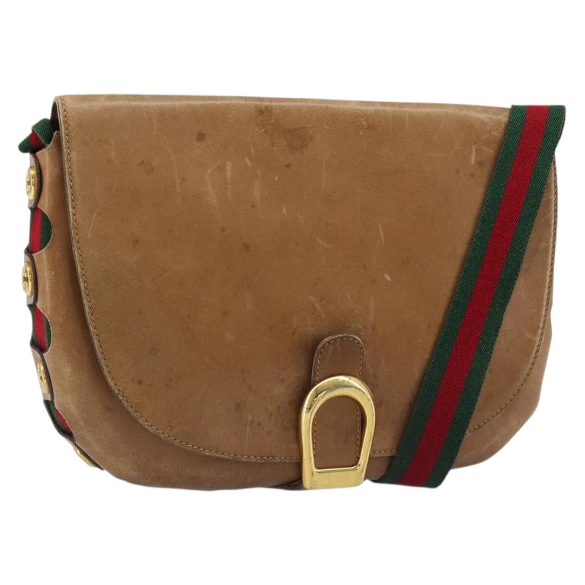 GUCCI Web Sherry Line Shoulder Bag Leather Brown Gold Auth 185117