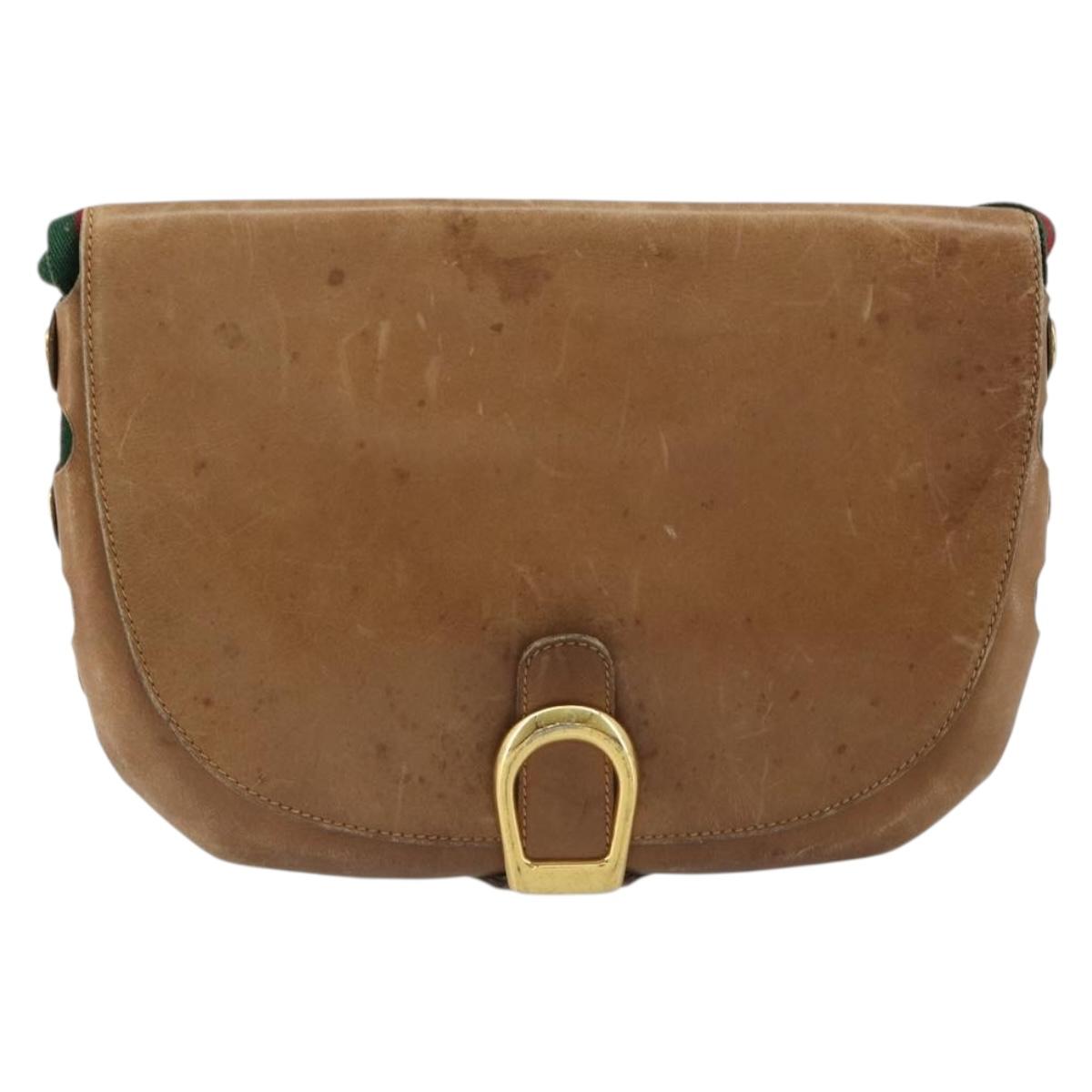 GUCCI Web Sherry Line Shoulder Bag Leather Brown Gold Auth 185117