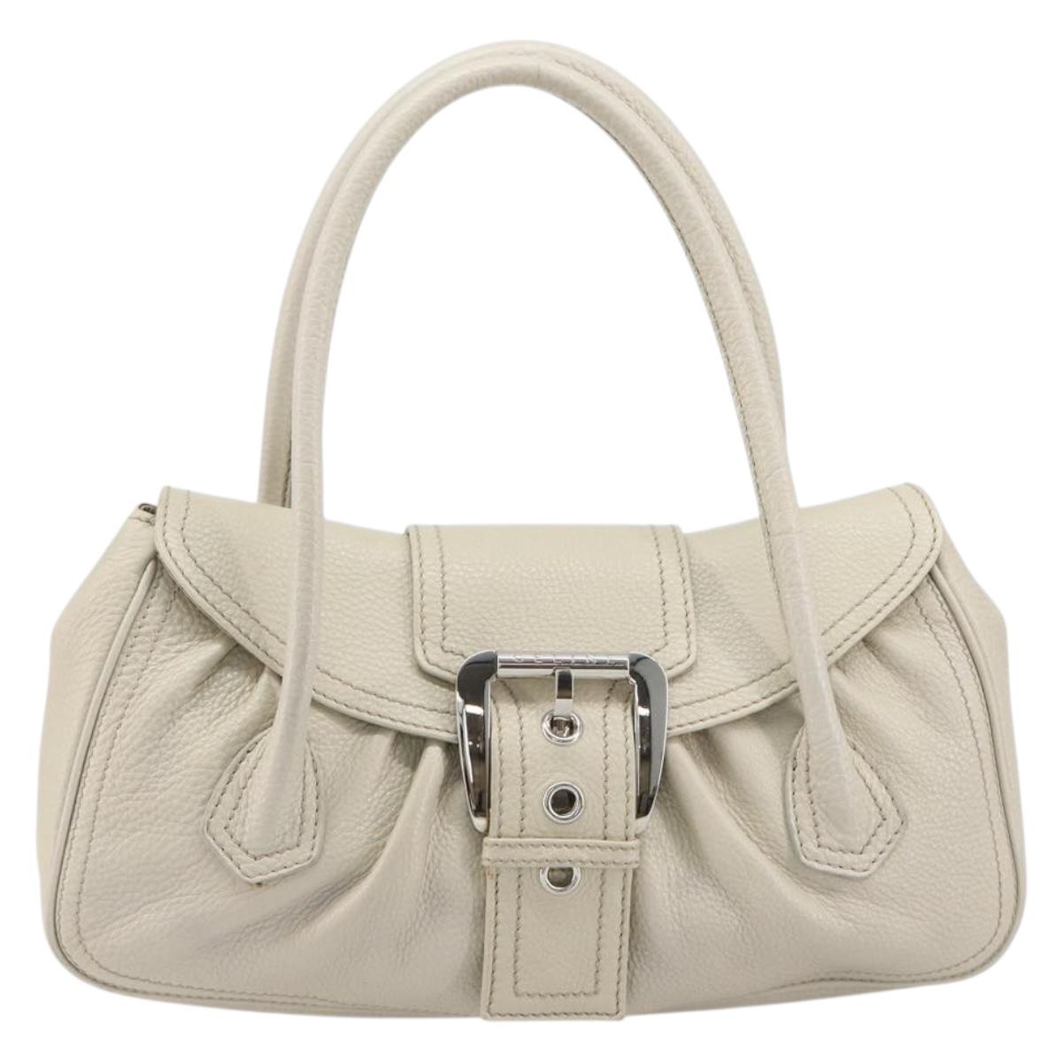 CELINE Hand Bag Leather White Silver Auth 185123A