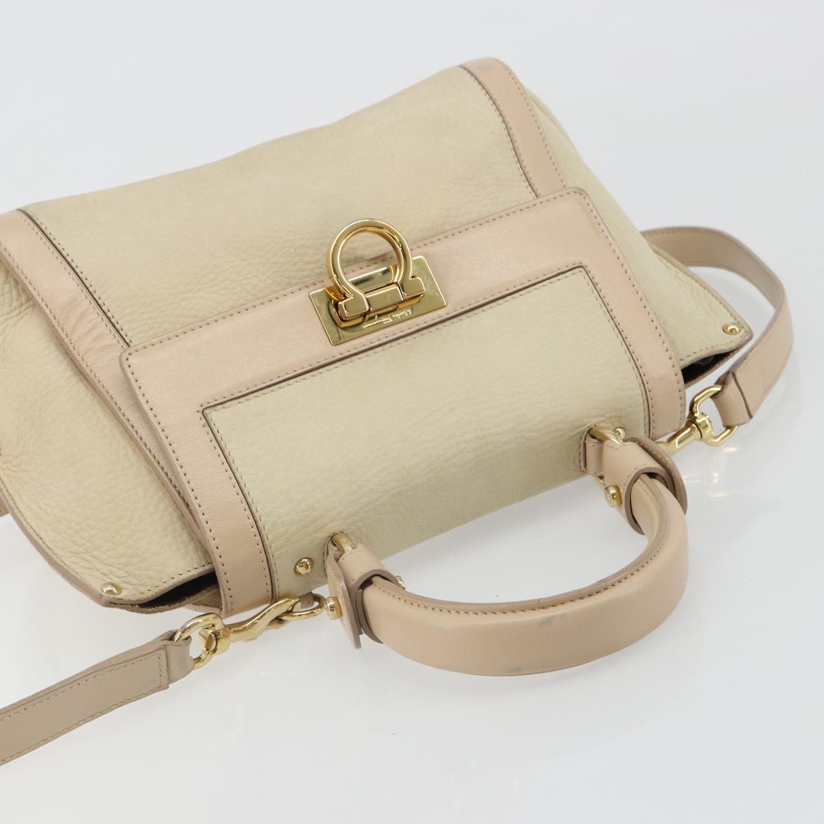 Salvatore Ferragamo Gancini Hand Bag Leather 2way Ivory Gold Auth 185142A