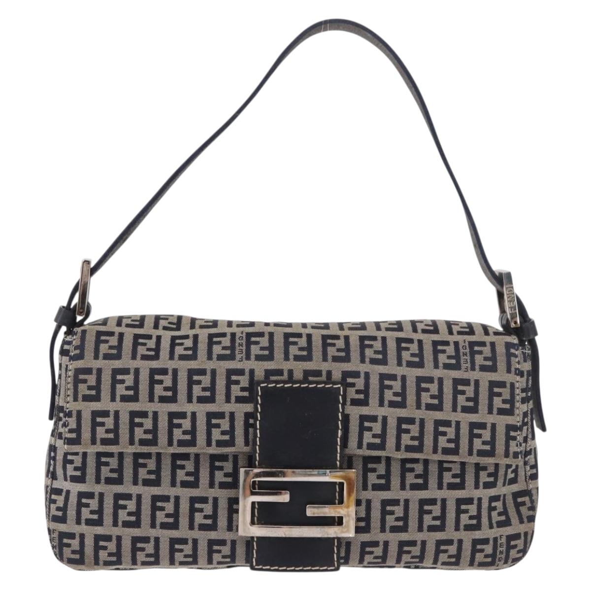 FENDI Zucchino Canvas Mamma Baguette Shoulder Bag Navy Silver Auth 185146SAV