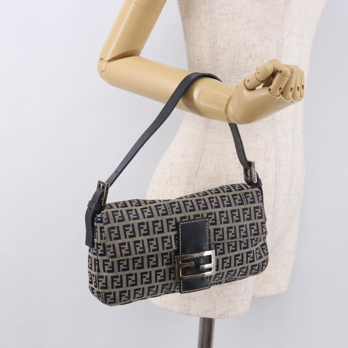 FENDI Zucchino Canvas Mamma Baguette Shoulder Bag Navy Silver Auth 185146SAV